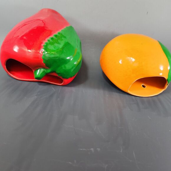 Fruit Wall Pocket Vase Set 2 Red Apple Orange Leaf Vintage Planter Hanging VTG - Picture 5 of 10